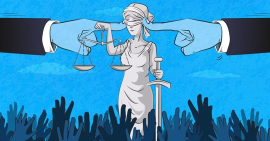 Government putting fingers over lady justice's ears.